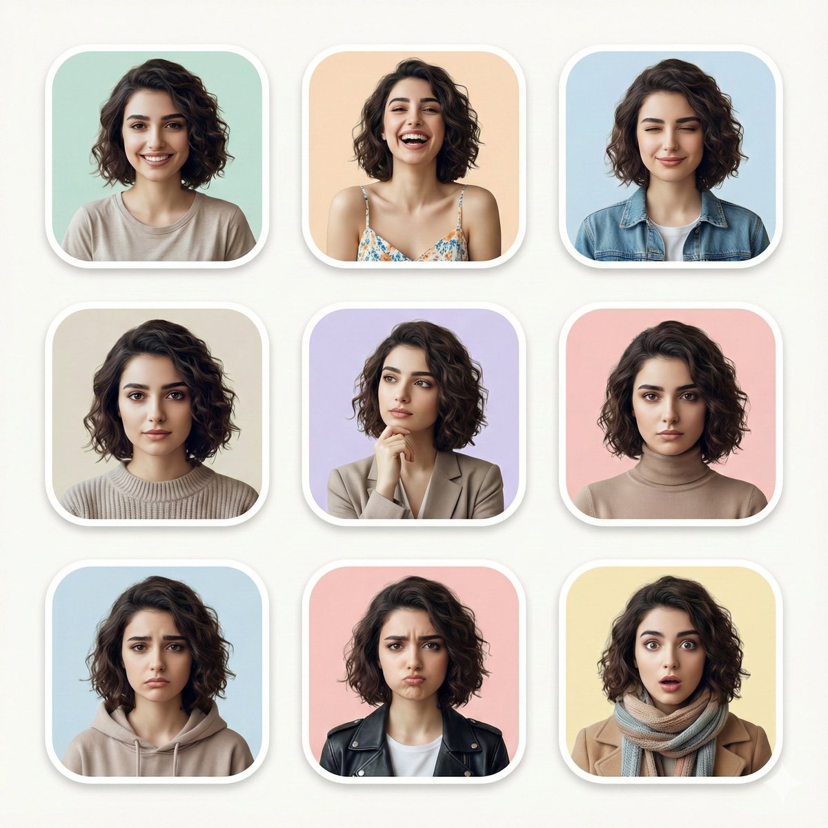 Modern Portrait Grid with Multiple Expressions, People, nanoBanana-Pro, Cohesive Color Palette, Editorial Style reference image
