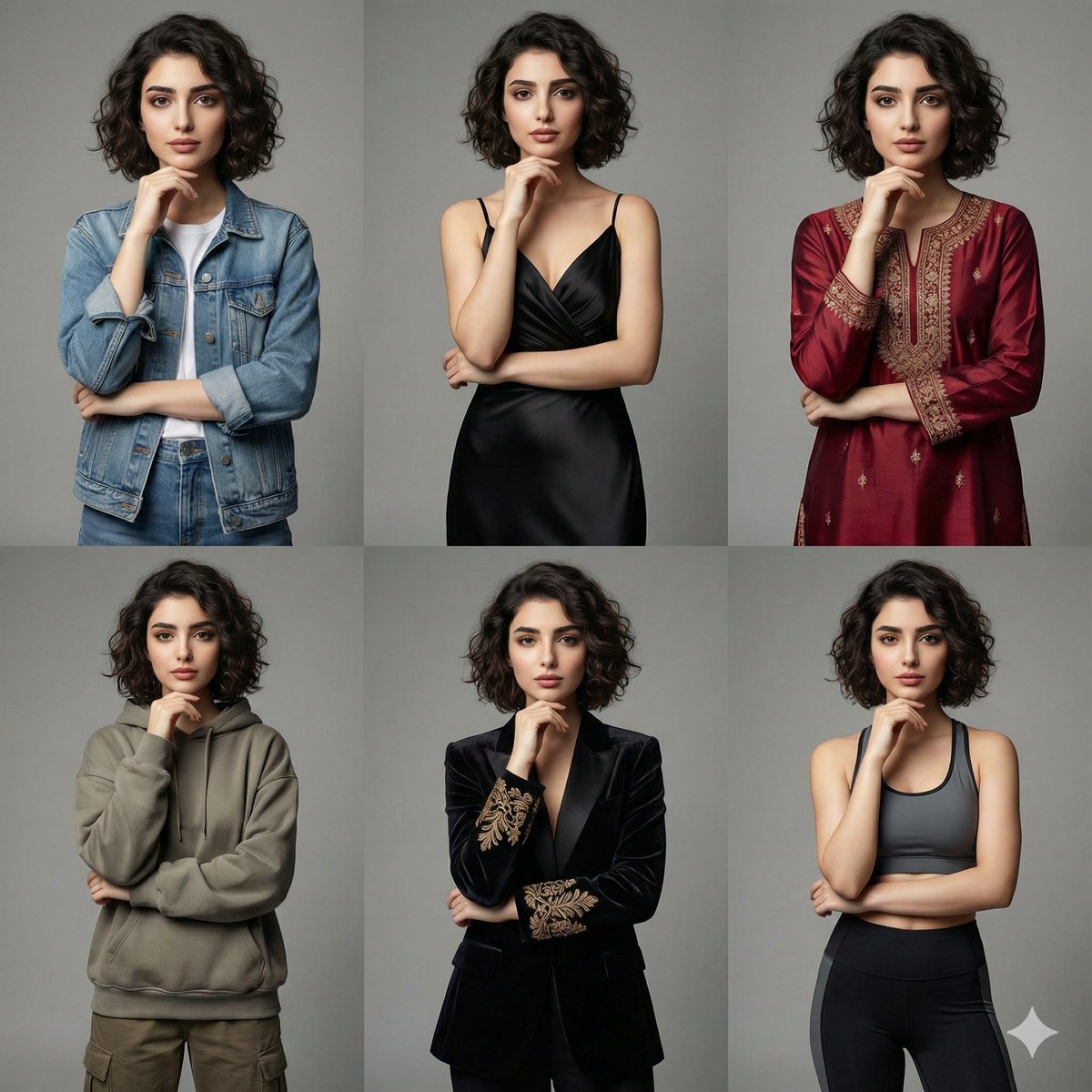 Cinematic Fashion Grid with Different Outfits Using Google Gemini Nano Banana, Fashion, nanoBanana-Pro, Cinematic Style, Consistent Pose reference image