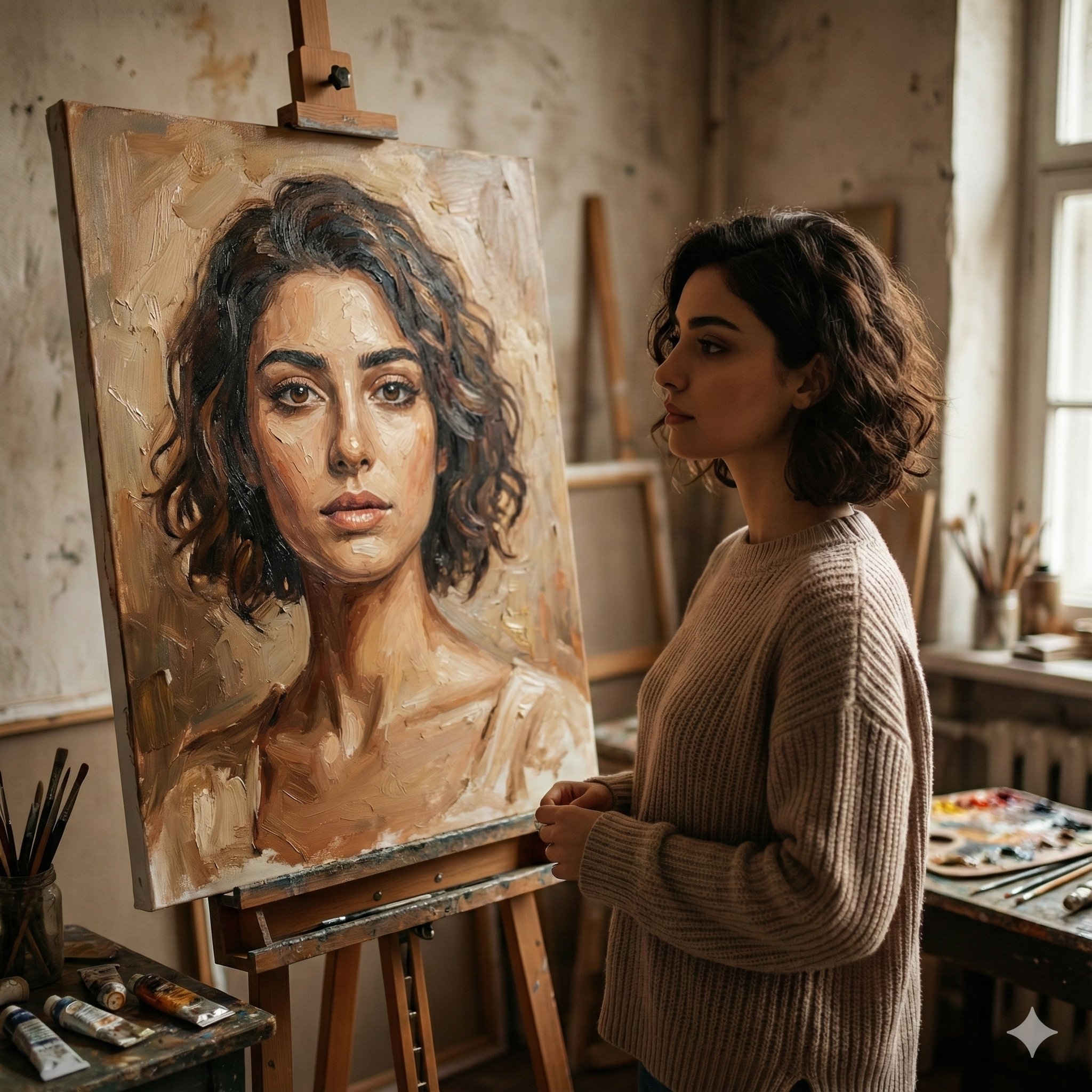 Quiet Woman Beside an Oil Portrait, People, nanoBanana-Pro, Cinematic, Fine Art reference image