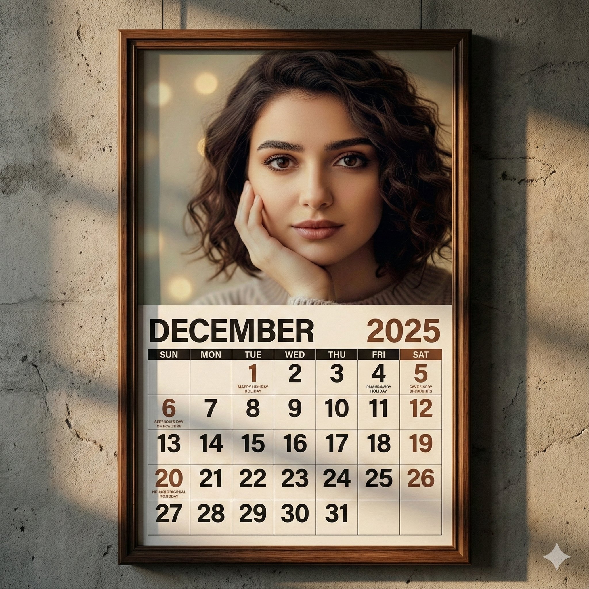Warm Wooden Framed Wall Calendar on a Textured Concrete Wall, Realistic, nanoBanana-Pro, Cinematic Style, Elegant Typography reference image