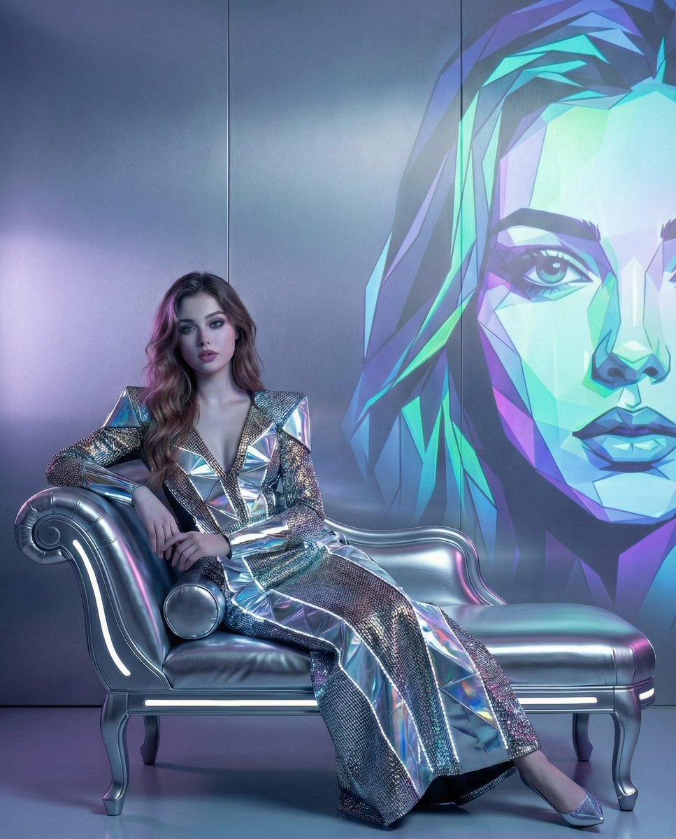 Futuristic Fashion Portrait of a Woman with Nano Banana Model, Fashion, nanoBanana-Pro, Chrome Silver Outfit, Cyberpunk Luxury reference image
