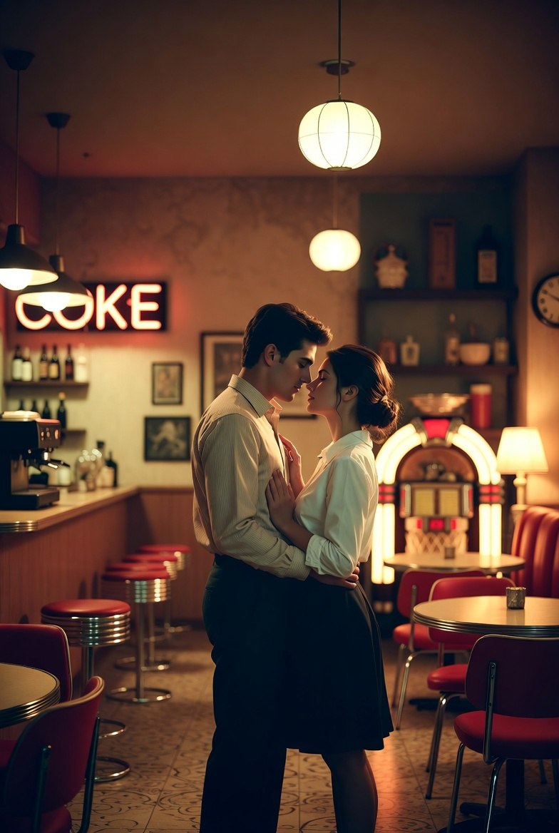 浪漫1950年代餐厅场景，影视，nanoBanana-Pro，1950s Diner, Cinematic Composition风格参考图