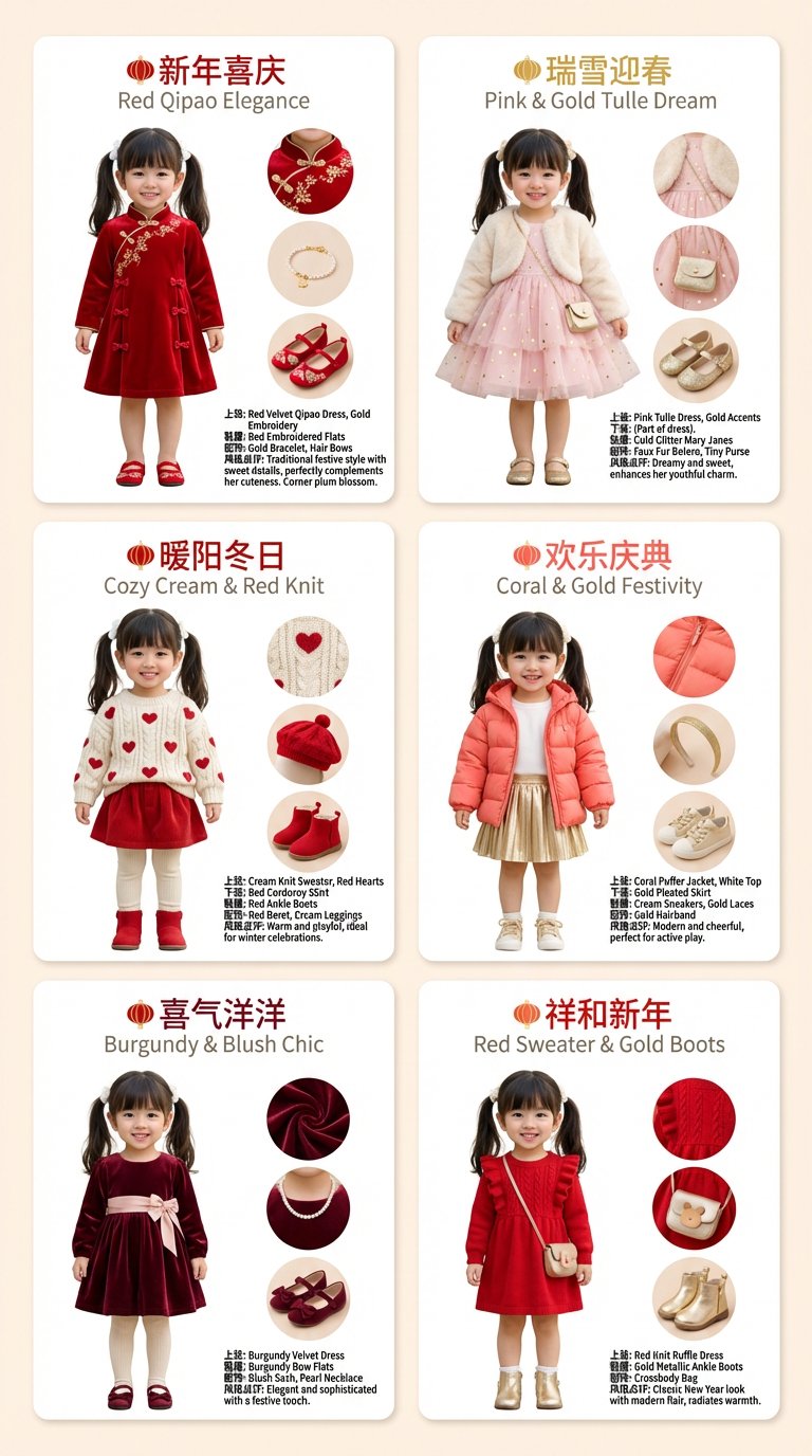 New Year Fashion Outfit Recommendation Poster, Fashion, nanoBanana-Pro, Color Palette: Red & Gold, Elegant Style reference image