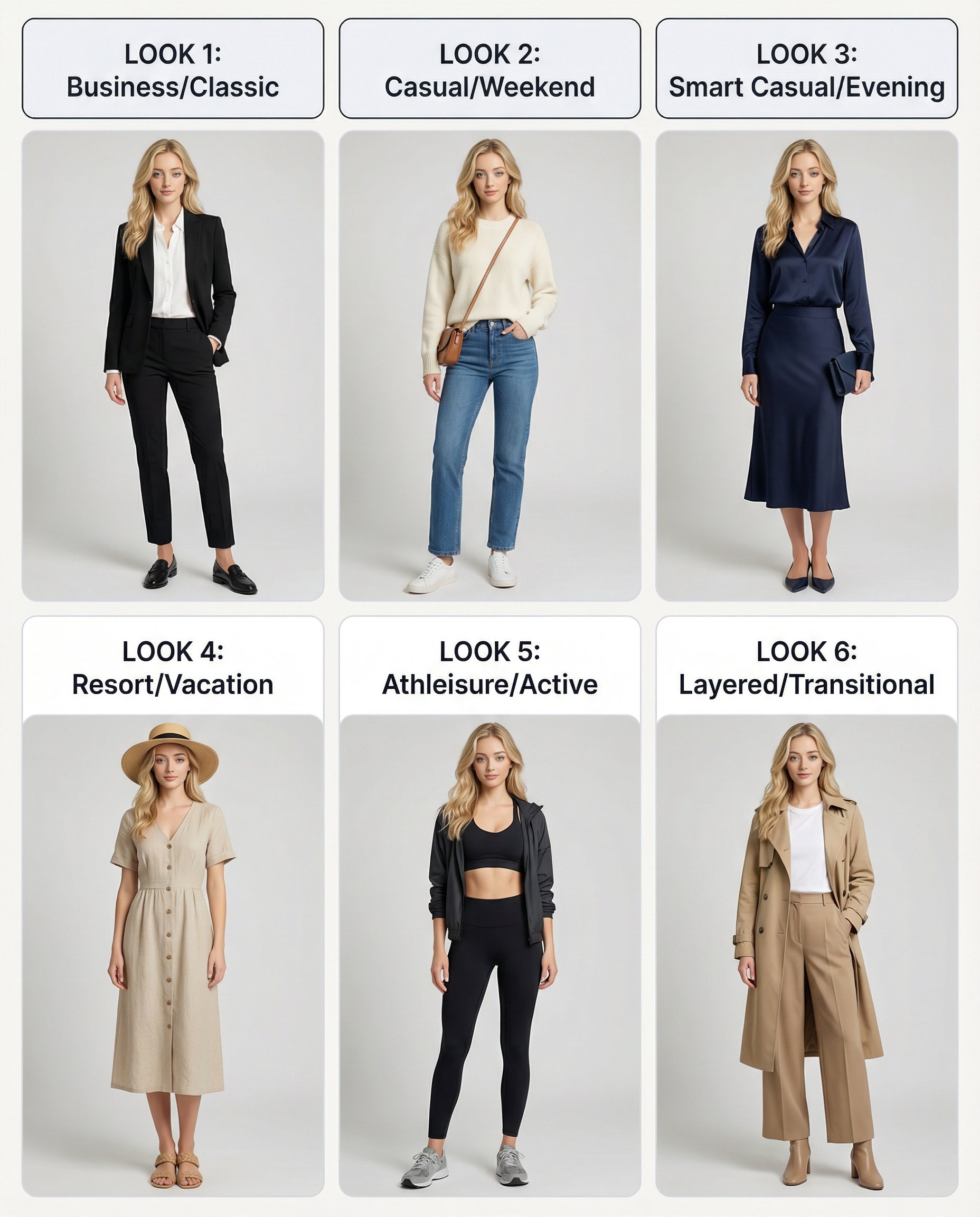 Outfit Poster Generation Guidelines, People, nanoBanana-Pro, 6卡布局, 85mm镜头 reference image
