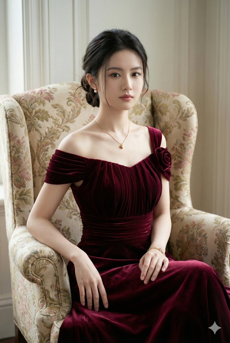 今日艺术-12.28，人物，nanoBanana-Pro，Floral Damask Chair, Gold-Toned Accessories风格参考图