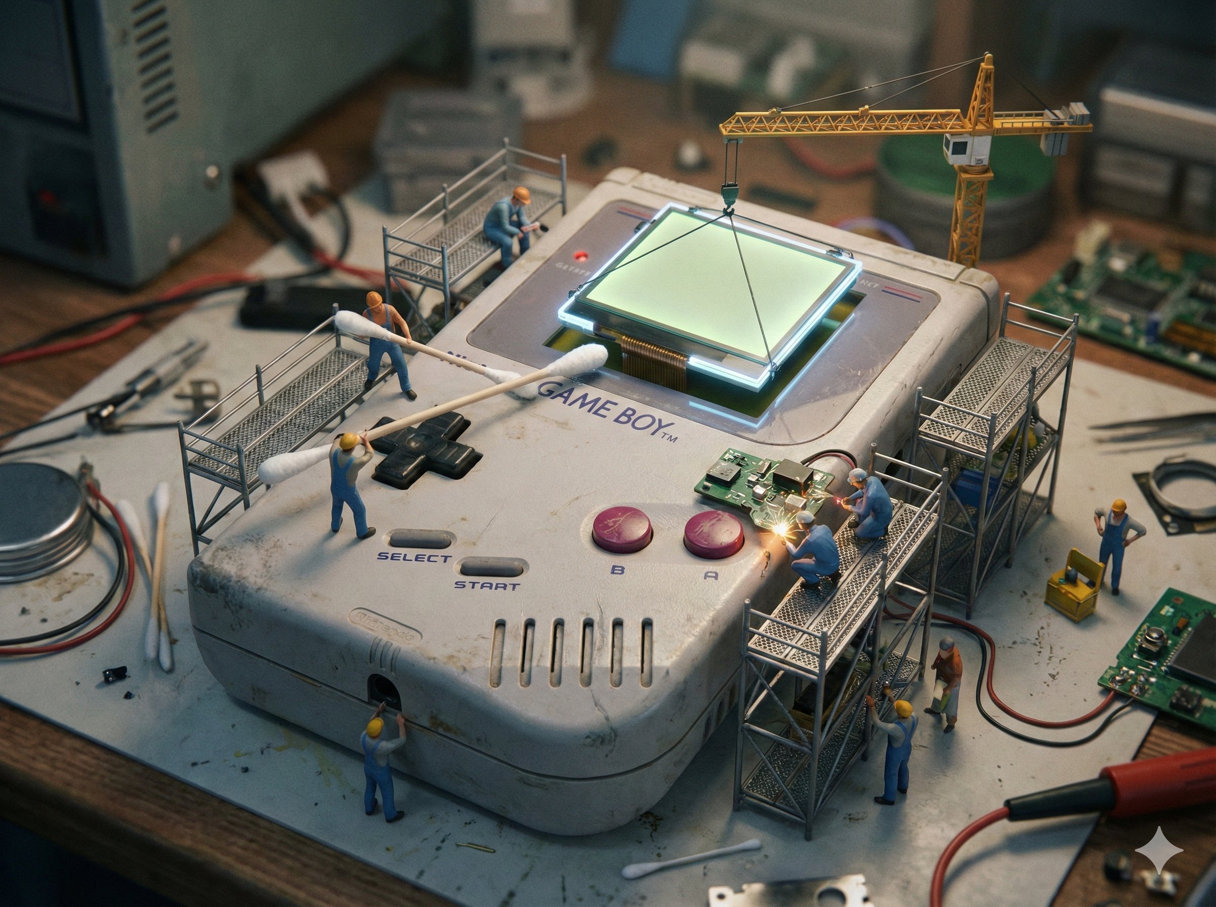 电子复古风——复古游戏机大修，游戏，nanoBanana-Pro，Cinematic Lighting, Circuit Boards风格参考图