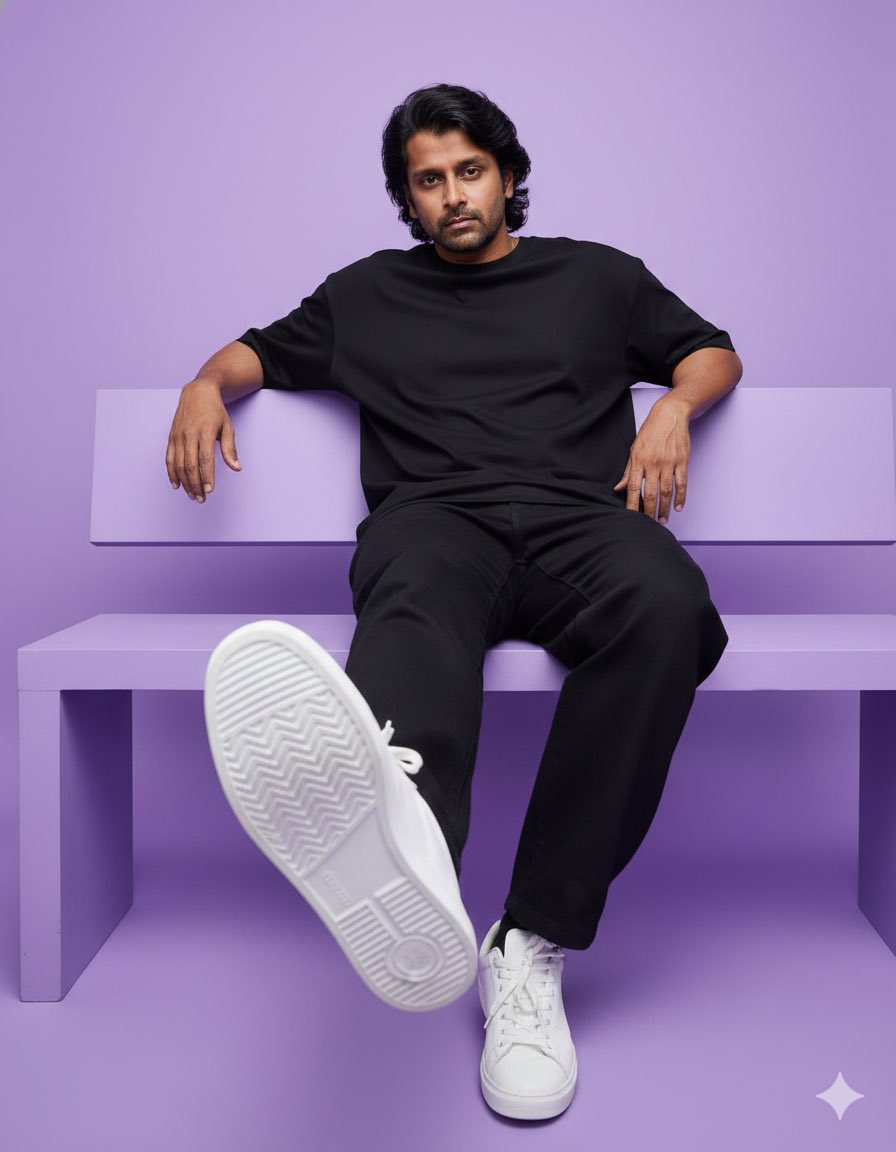 Minimalist Monochromatic Purple Studio Portrait, People, nanoBanana-Pro, Black Pants, Black T-shirt reference image