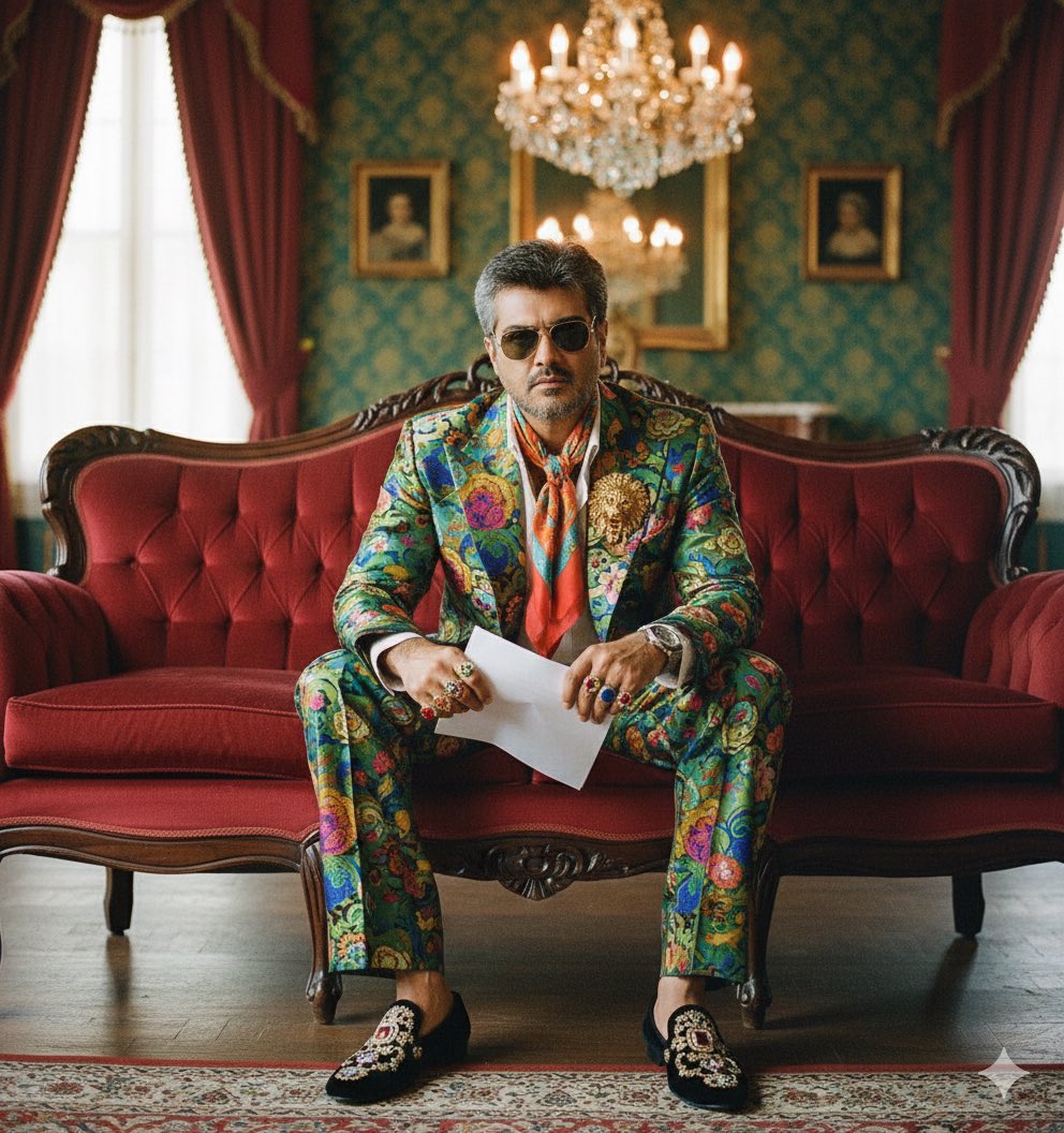 Maximalist Attire in a Vintage Salon, Retro, nanoBanana-Pro, Flamboyant Retro, Jeweled Accessories reference image