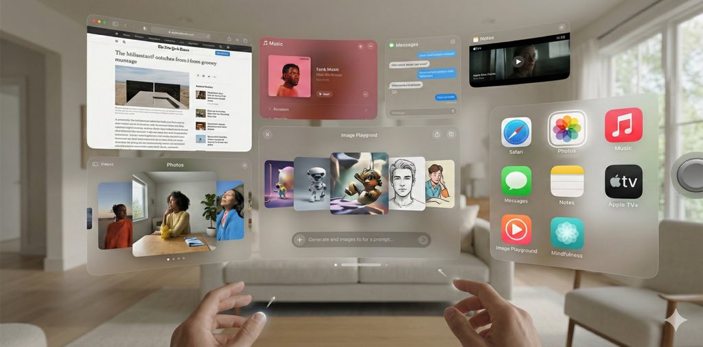 苹果Vision Pro AR世界体验，科技，nanoBanana-Pro，3D App Icons, Apple Vision Pro风格参考图