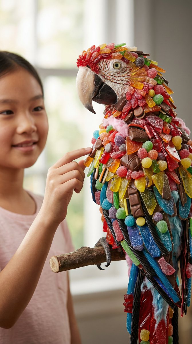 Hyper-realistic 8K Macro Photography of Consistent Gummy Parrot and Asian Girl Interaction, Realistic, nanoBanana-Pro, 3D, Asian Girl reference image
