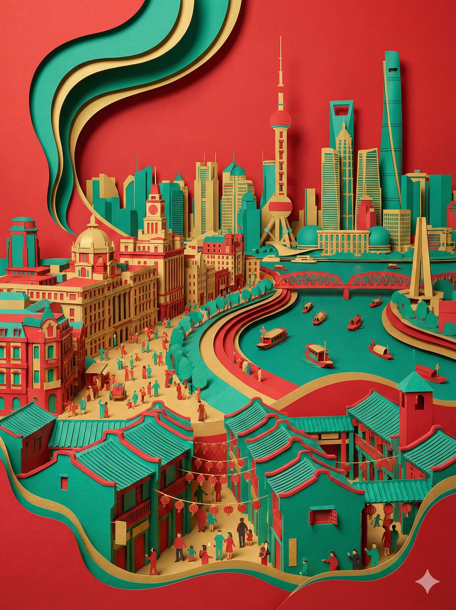 大胆鲜艳的撞色城市纸雕立体模型，城市，nanoBanana-Pro，3D Paper Cutout, Guangzhou Cityscape风格参考图
