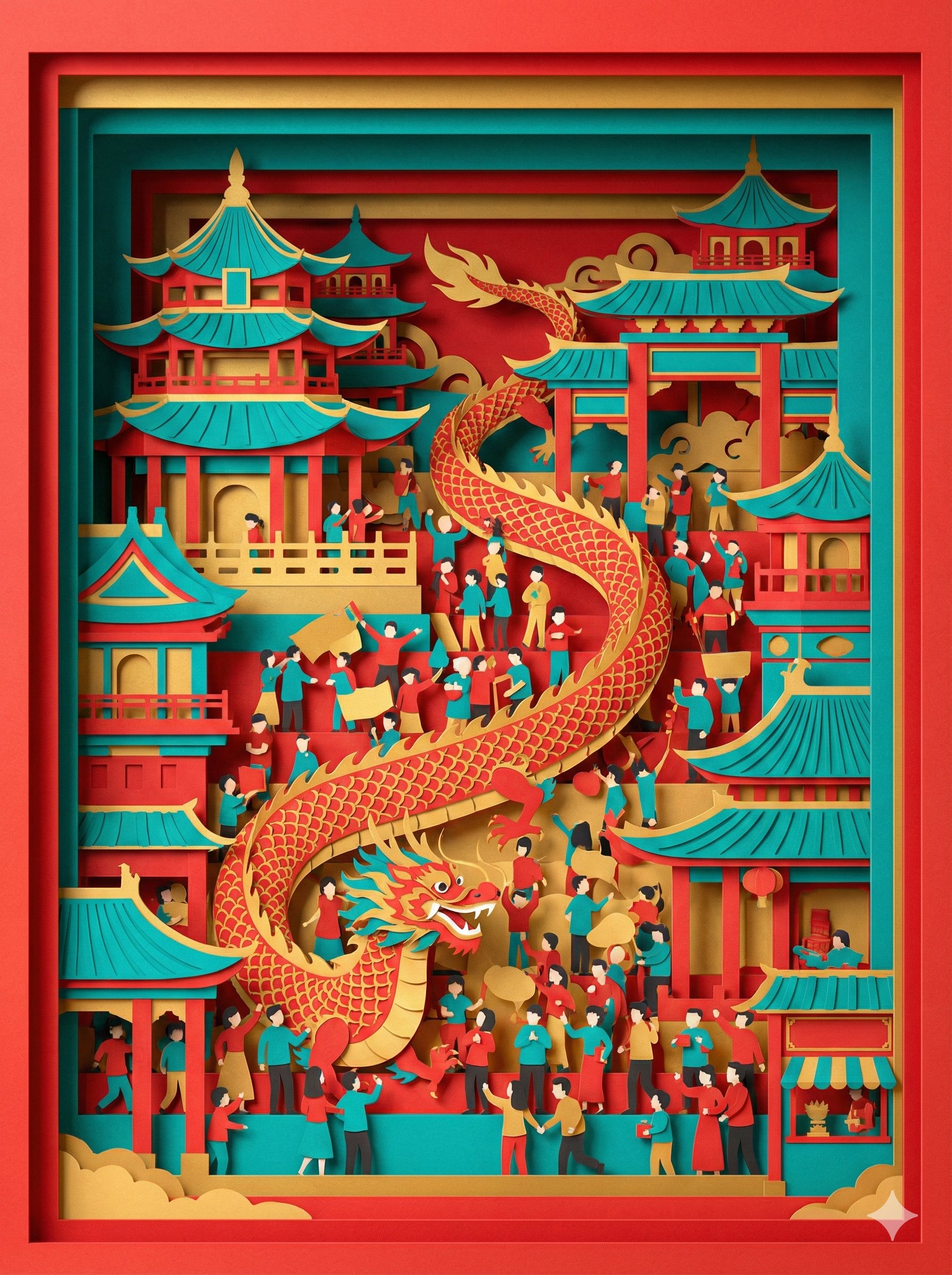 超鲜艳3D层压剪纸艺术作品，3D，nanoBanana-Pro，3D, 3D剪纸风格参考图