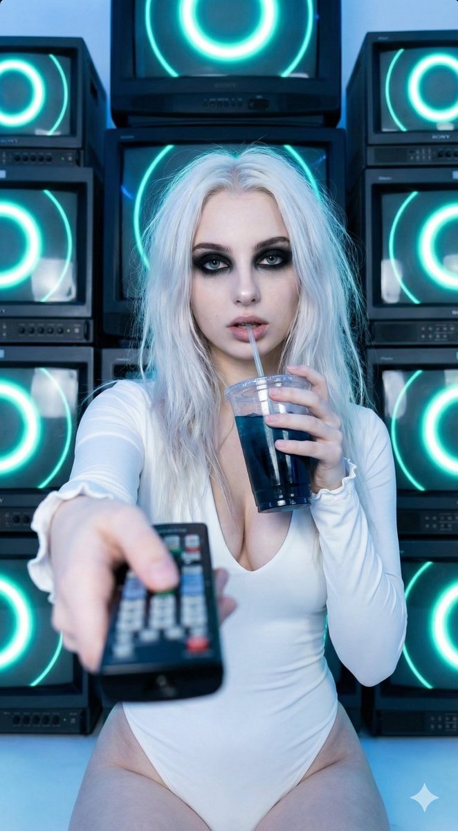 Pale Goth Girl in Front of a Vintage CRT Television Wall, Retro, nanoBanana-Pro, 90s Sci-Fi, Blue Ambient Lighting reference image