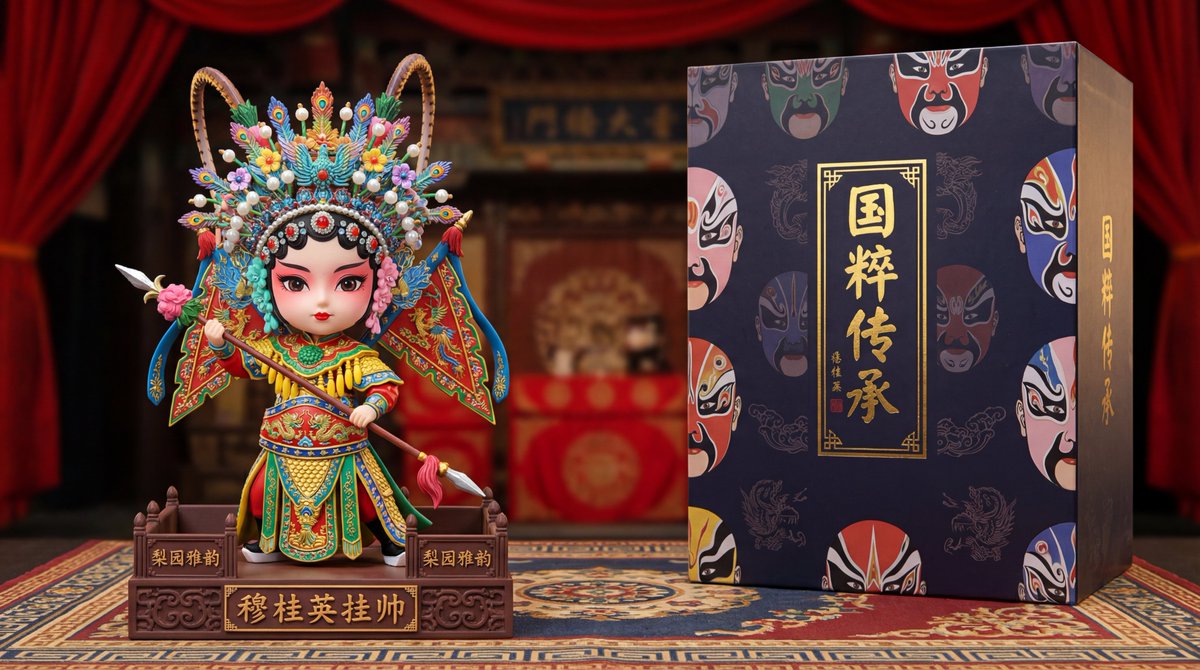 国粹戏曲定制手办-穆桂英挂帅，人物，nanoBanana-Pro，Custom Figurine, Dragon and Phoenix Patterns风格参考图