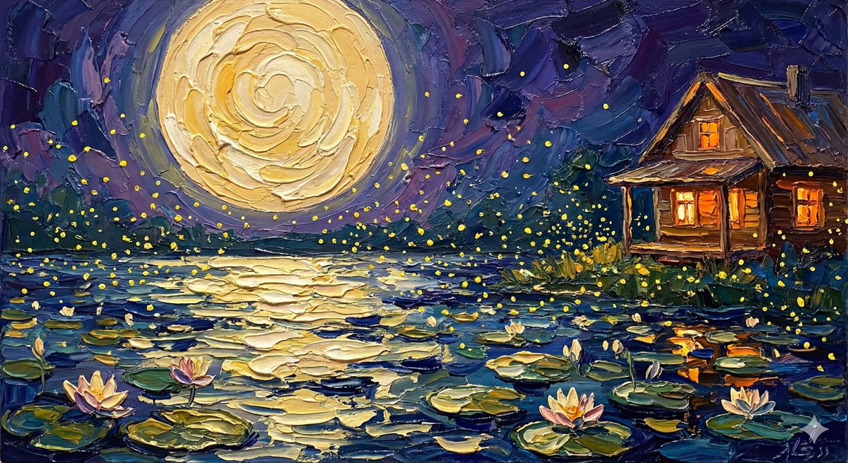 Tranquil Summer Night Oil Painting, Nature, nanoBanana-Pro, Cozy Cottage, Fireflies reference image