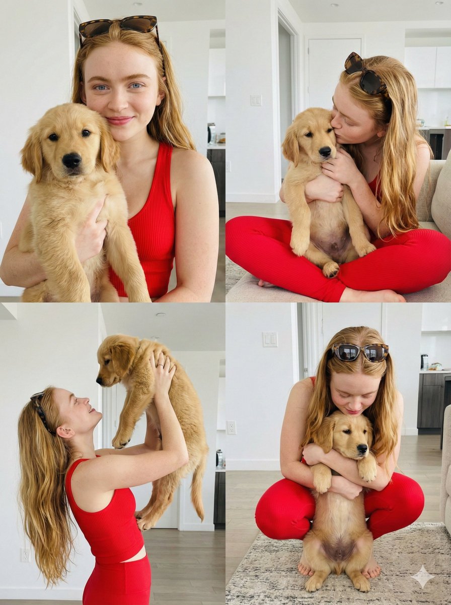 Sadie Sink with Her Golden Retriever Puppy, People, nanoBanana-Pro, Bright Red, Close-up reference image