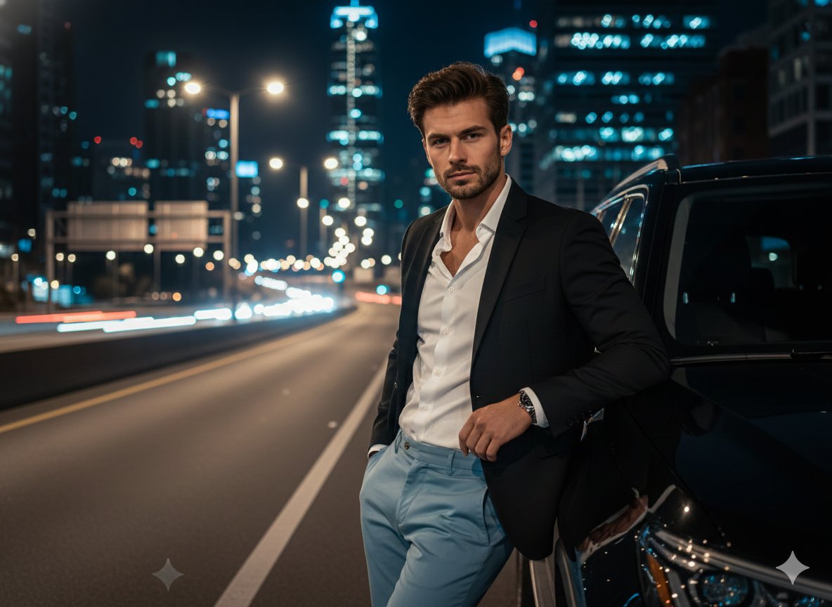 Cinematic Night-Time Urban Portrait, People, nanoBanana-Pro, Cinematic Aesthetic, Fashion Photography reference image