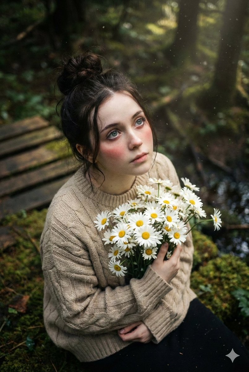 Gemini Nano Banana Pro - Young Woman Outdoor Portrait, People, nanoBanana-Pro, Beige Sweater, Dark Eyes reference image