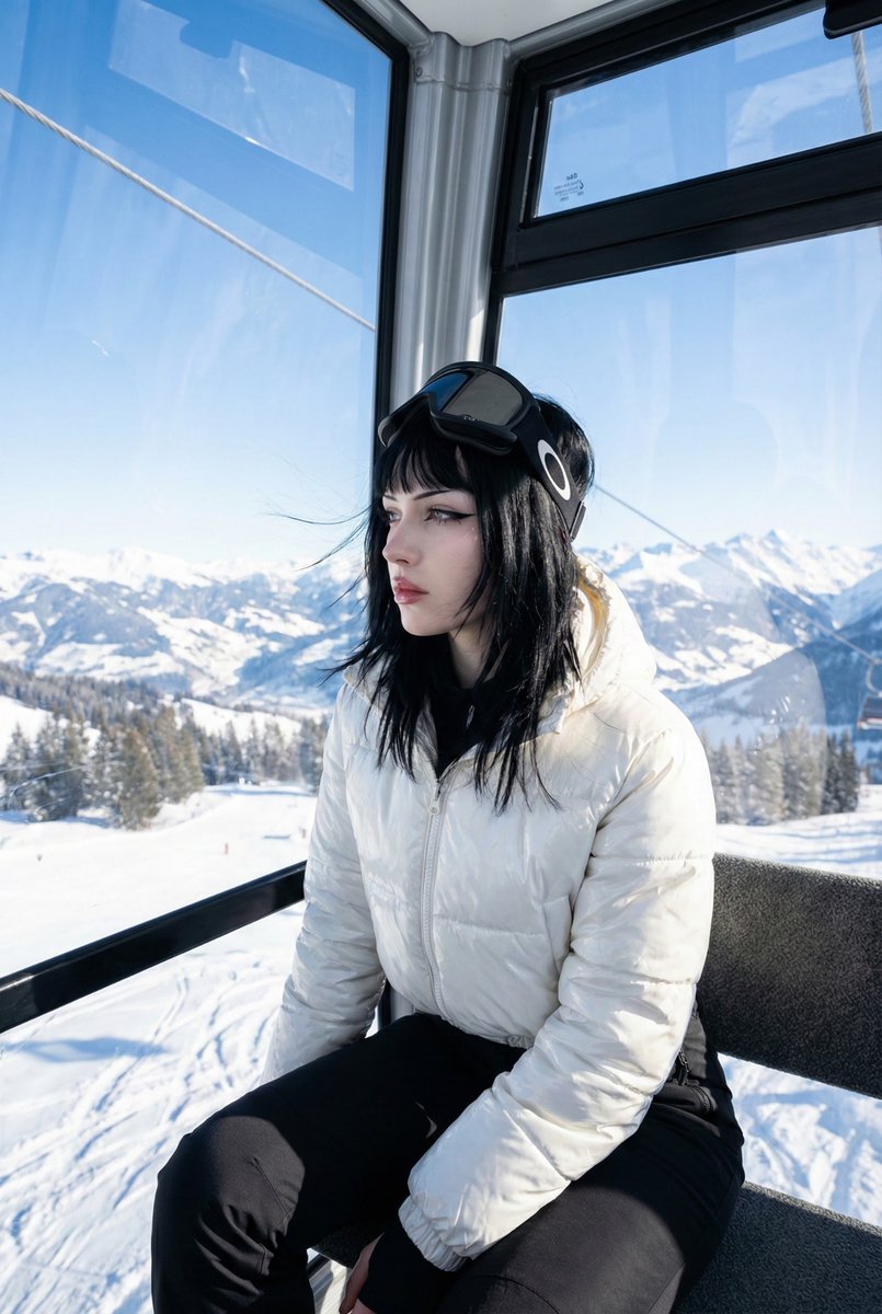 Ski Gondola Egirl, Landscape, nanoBanana-Pro, Blue Sky, Cable Car Interior reference image