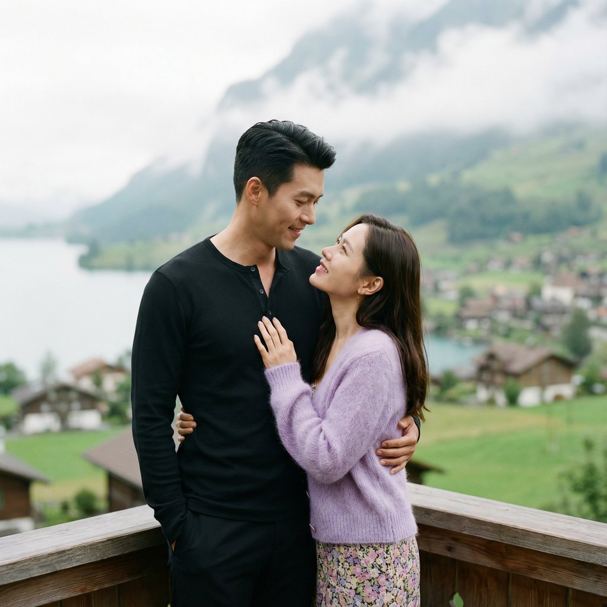 Romantic Asian Couple Lake Terrace Embrace