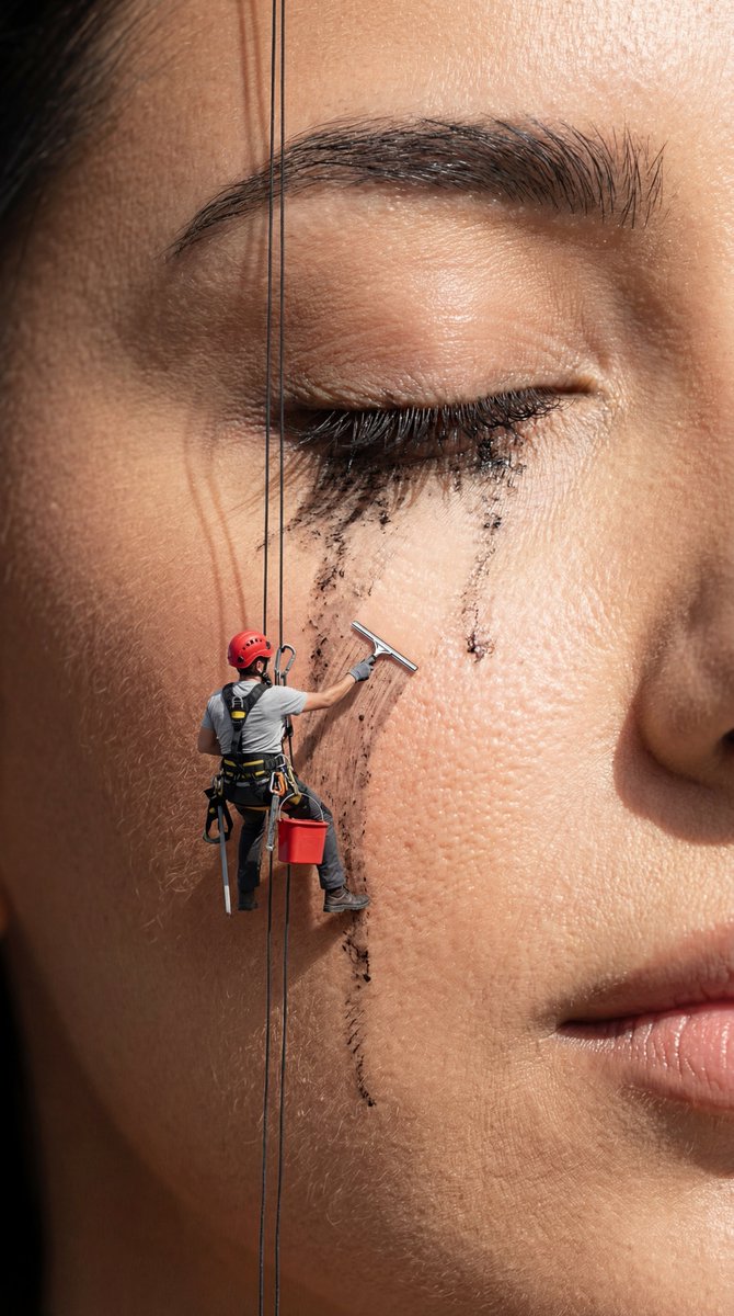Ultra-Photoreal Female Face Close-Up with Mascara Stain Cleaning Concept
