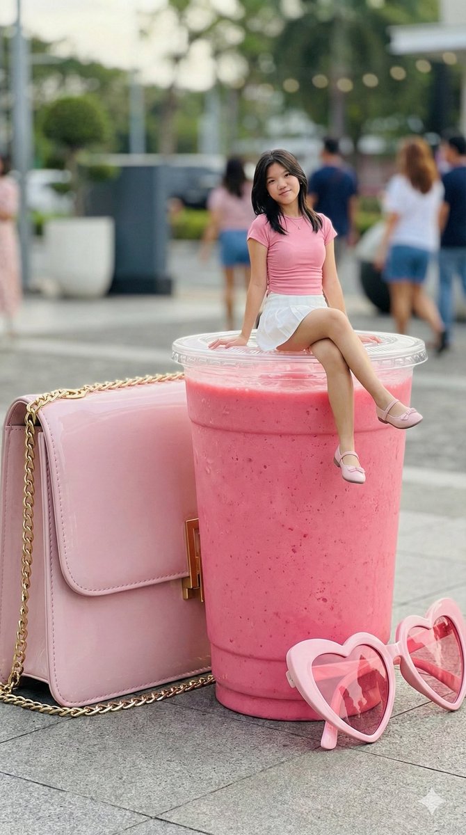Woman Sitting on a Strawberry Milkshake Cup Lid