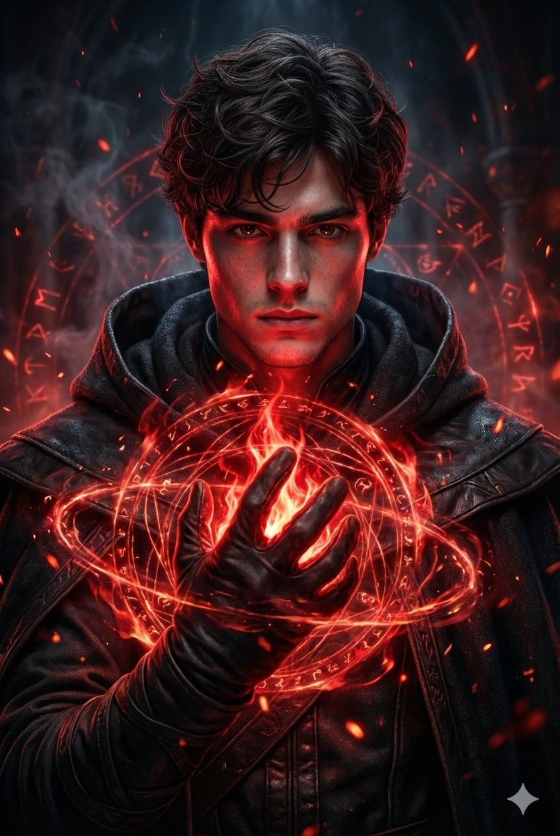 Hyperrealistic Fantasy Portrait of a Dark Sorcerer Casting a Red Energy Spell