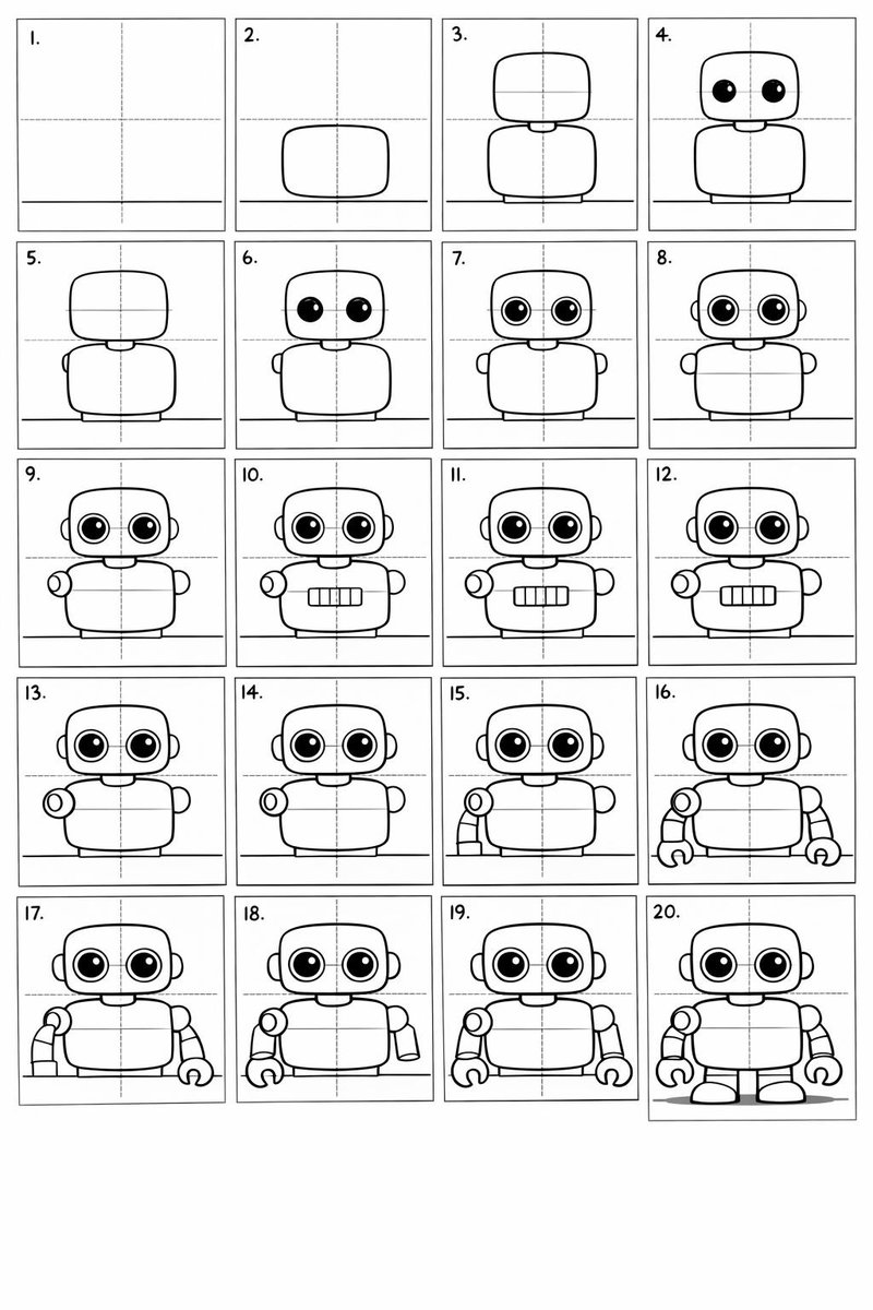 20-Panel Layout Guide for Drawing a Cute Cartoon Robot