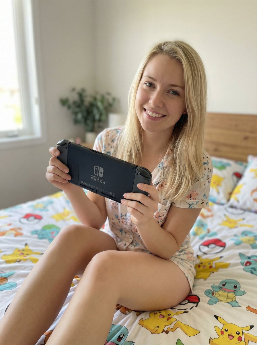 20-something Attractive Blonde Woman with Nintendo Switch