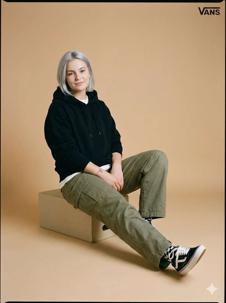 Young Woman Sitting on a Low Studio Block