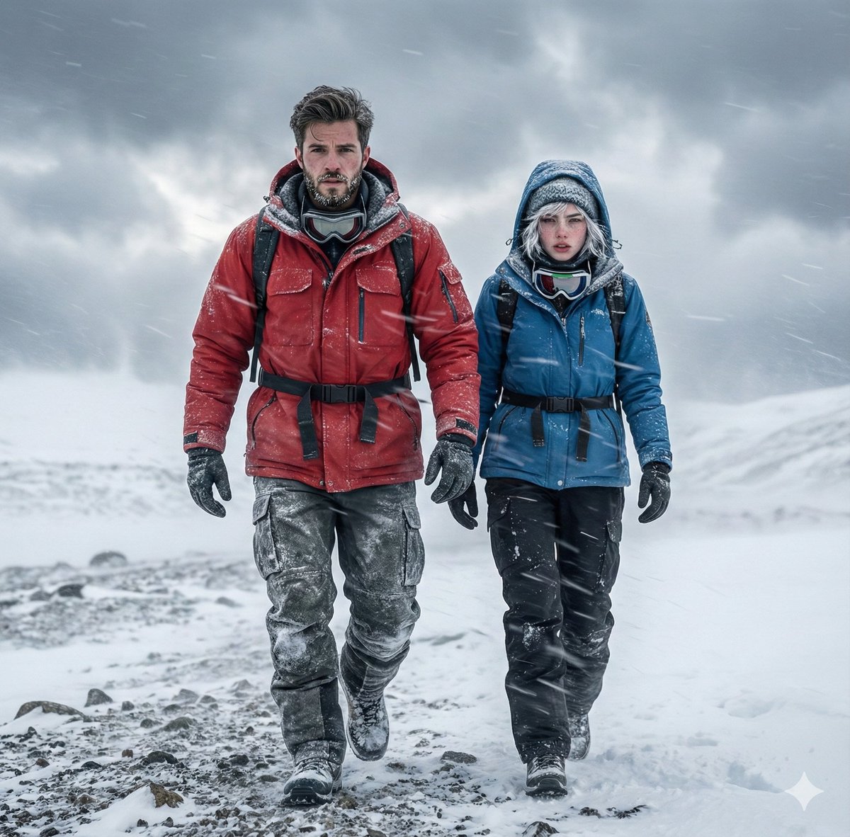 Couple in Alaska Snowstorm with Survival Gear
