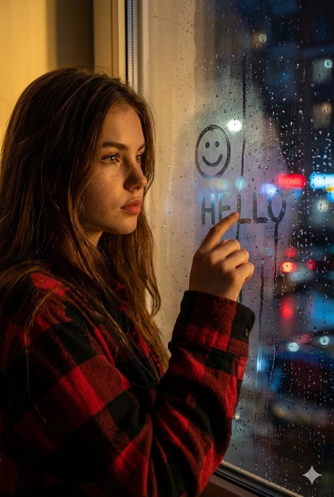 Smiling Woman Behind Rain-Streaked Window at Night
