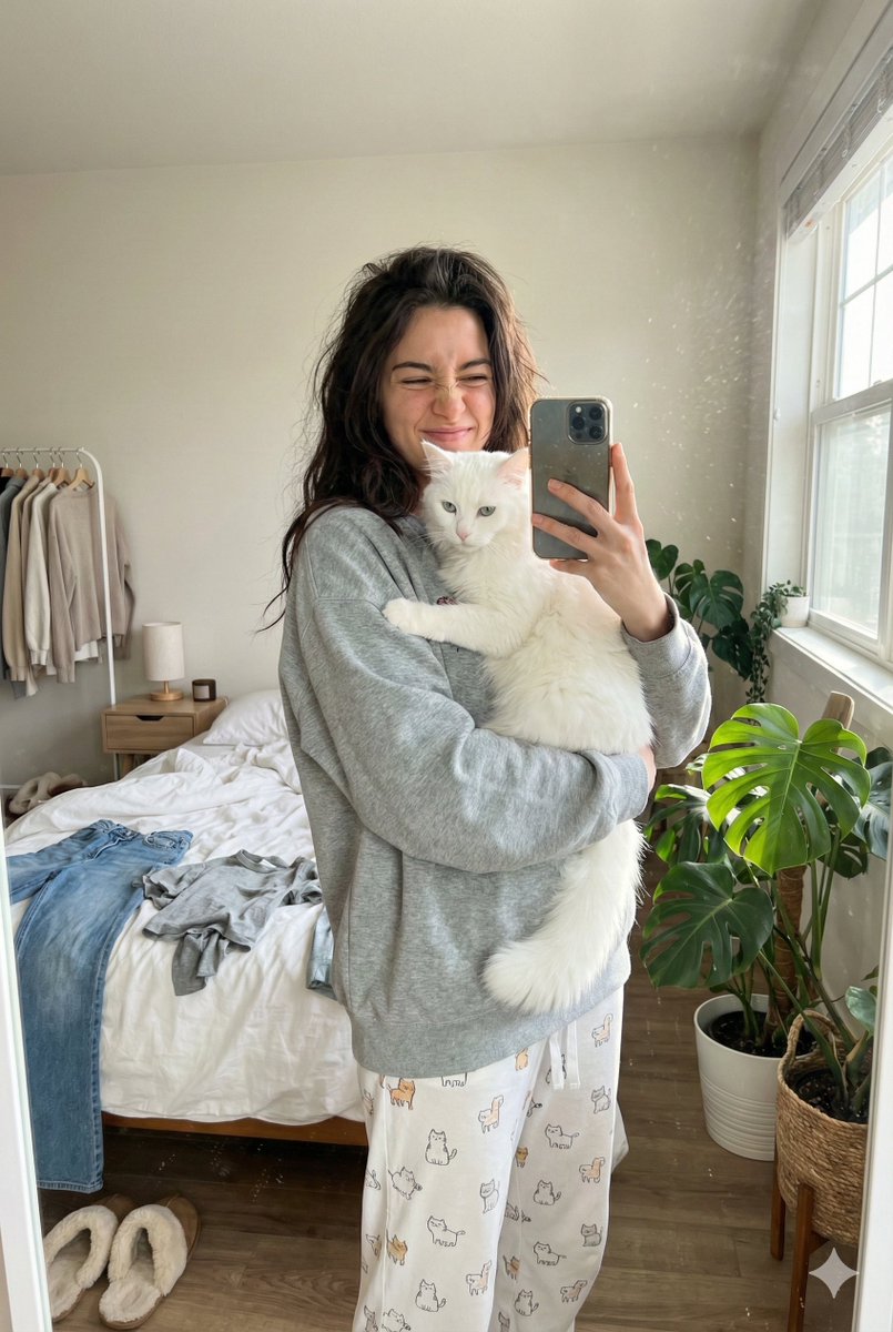 Young Woman's Mirror Selfie with Cat