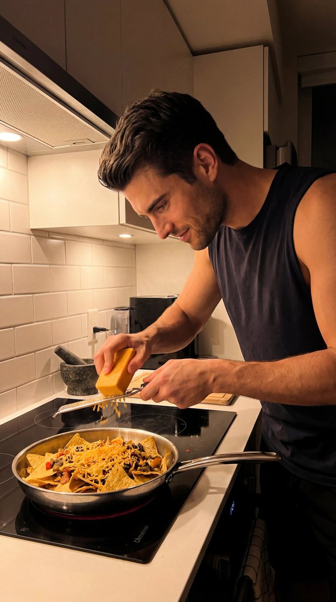 Modern Home Kitchen Cooking Scene at Night