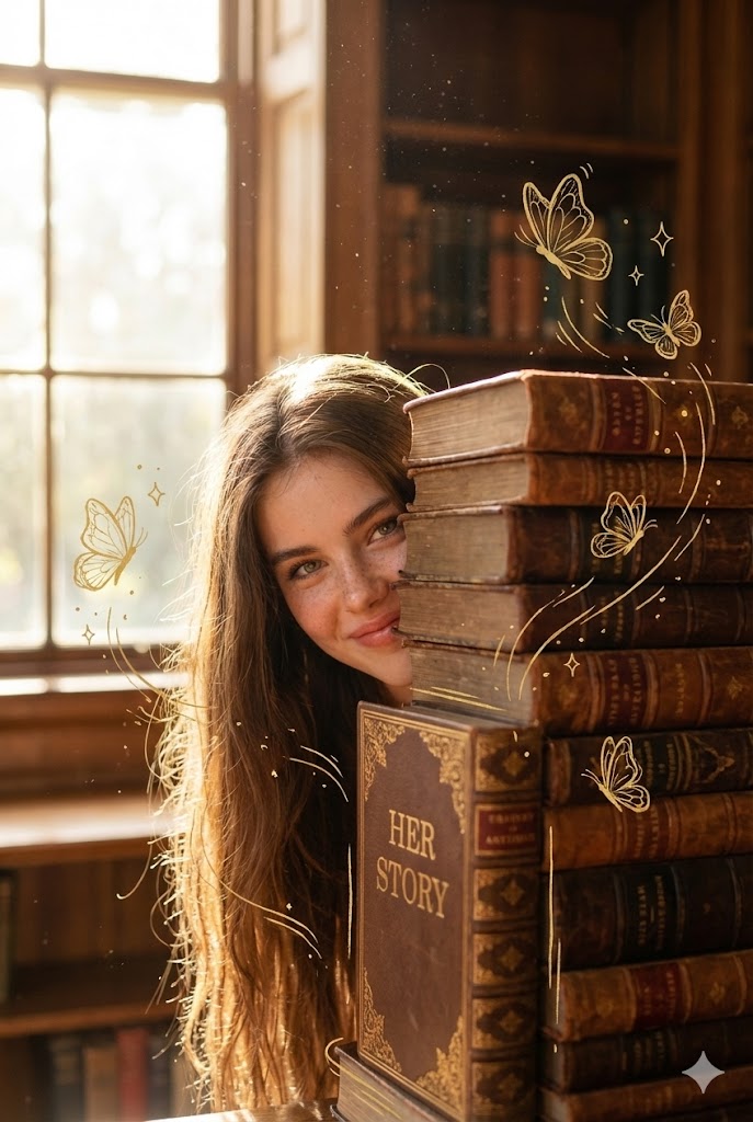 Hyper-realistic photo of a reference woman peeking out from behind a stack of vintage books