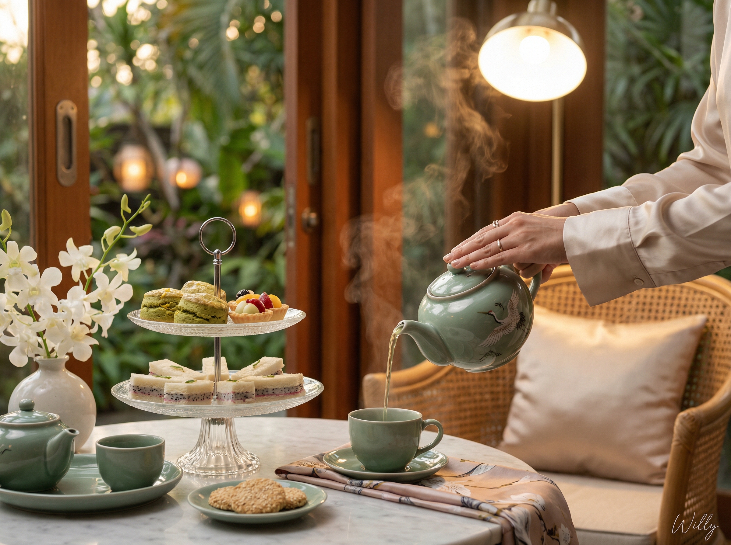 Elegant Afternoon Tea Scene in a Bright Sunroom