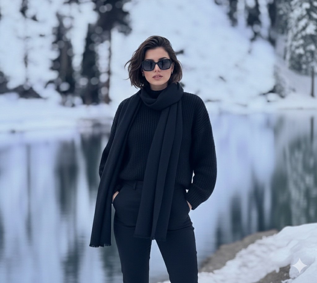Full-Body Portrait of a Stylish Woman in a Snowy Winter Landscape