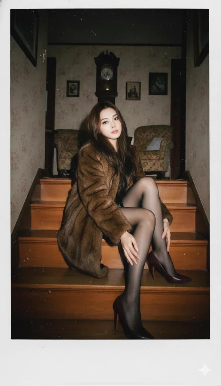 Vintage House Stairs Scene with Brown Fur Jacket Lady