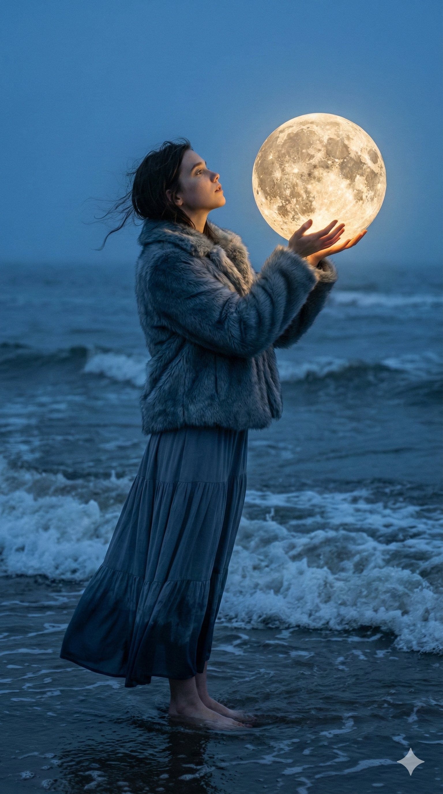 Woman at the Edge of Night Holding the Moon