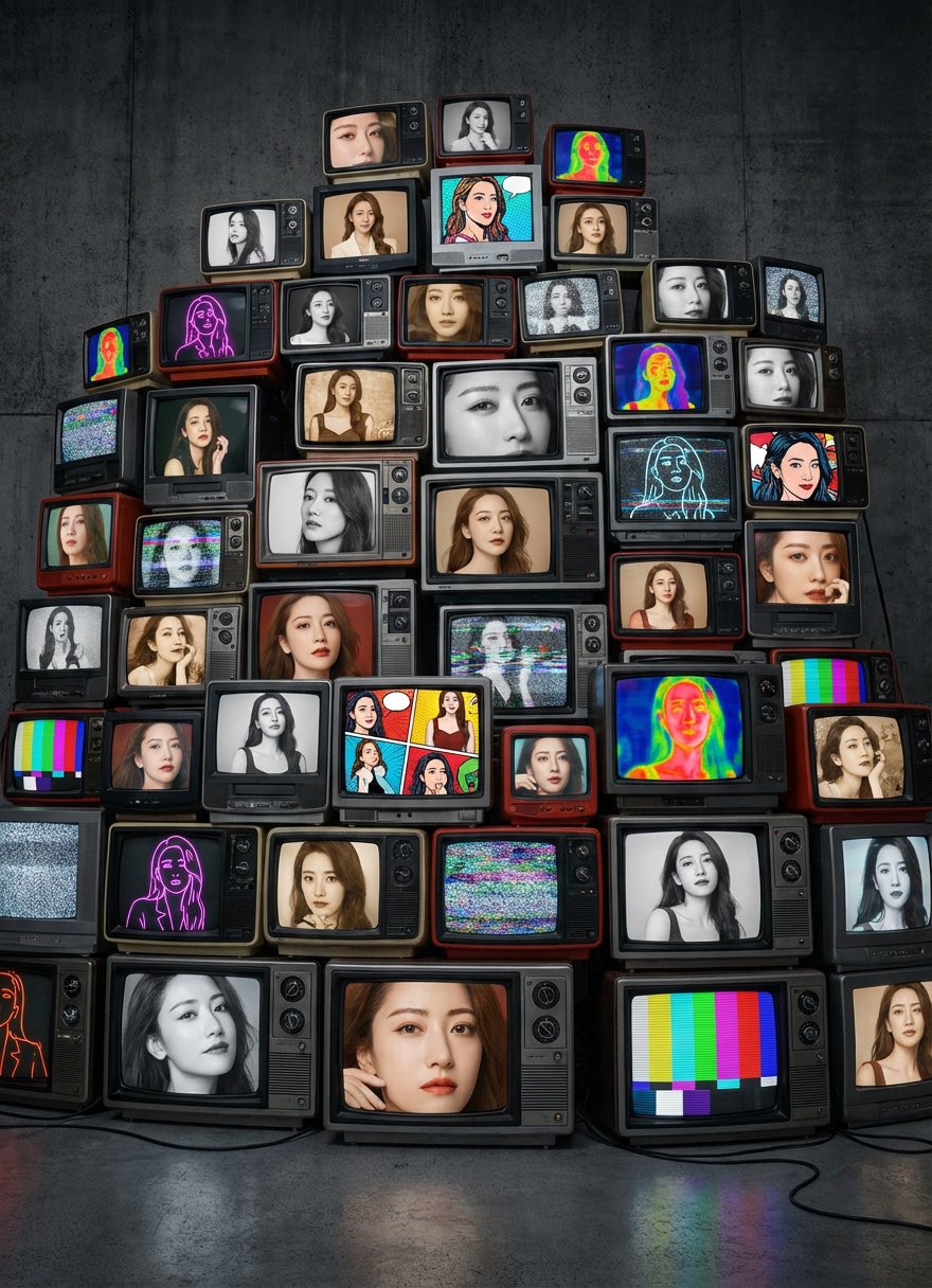 Girlfriend/Goddess in a Wall of Televisions