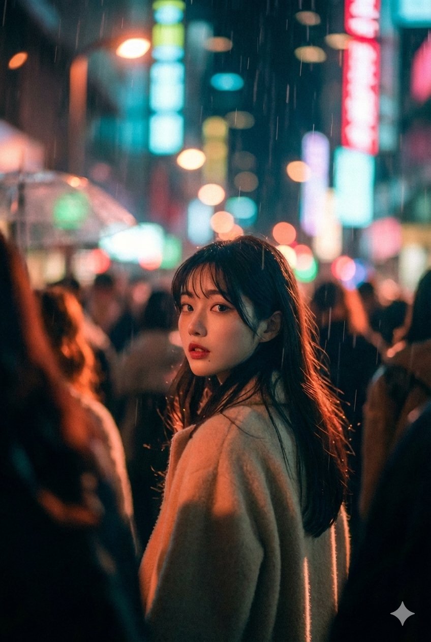 Quiet Emotional Moment in a Neon-Lit City at Night