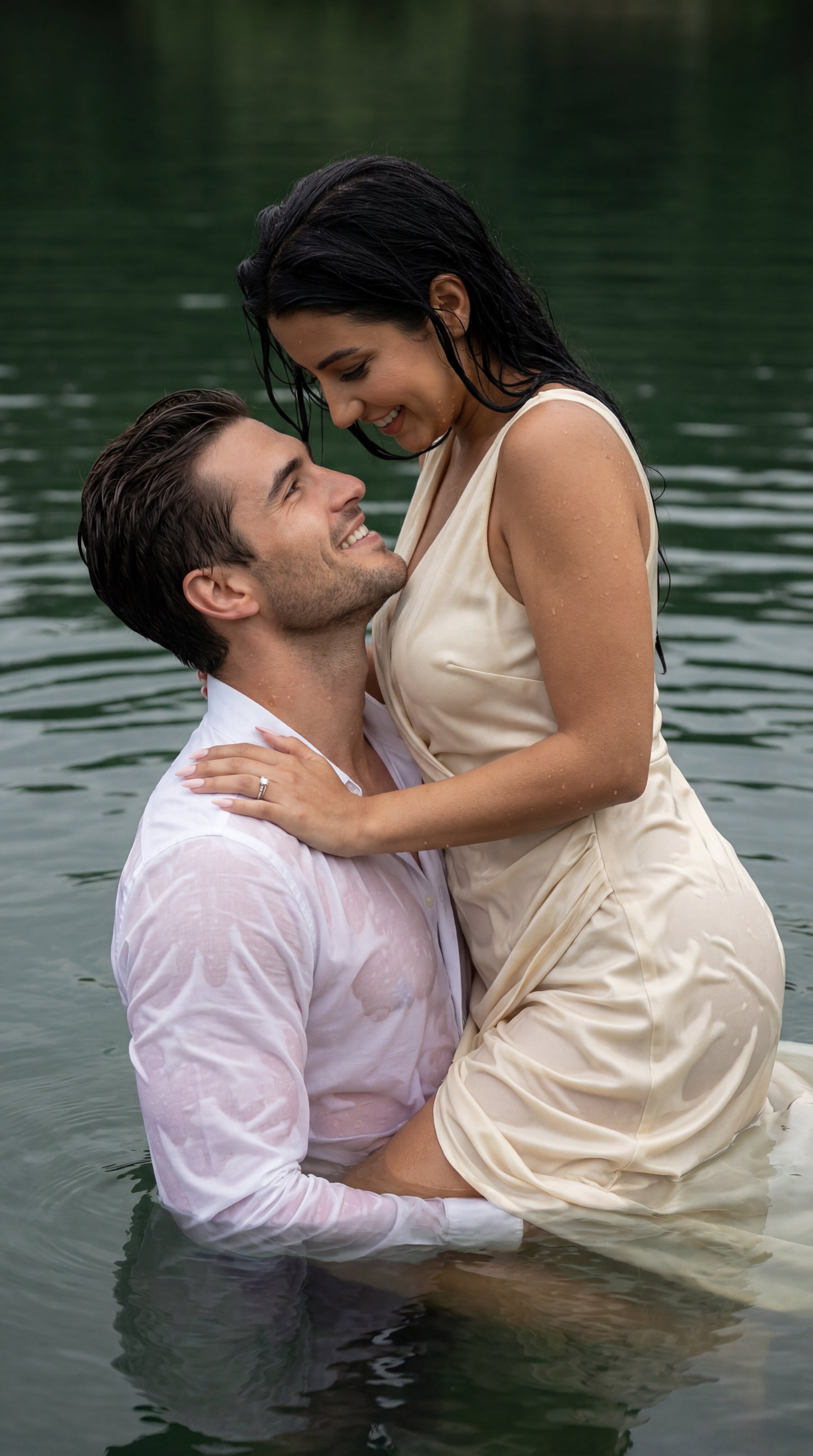 Intimate Embrace of a Couple in the Lake