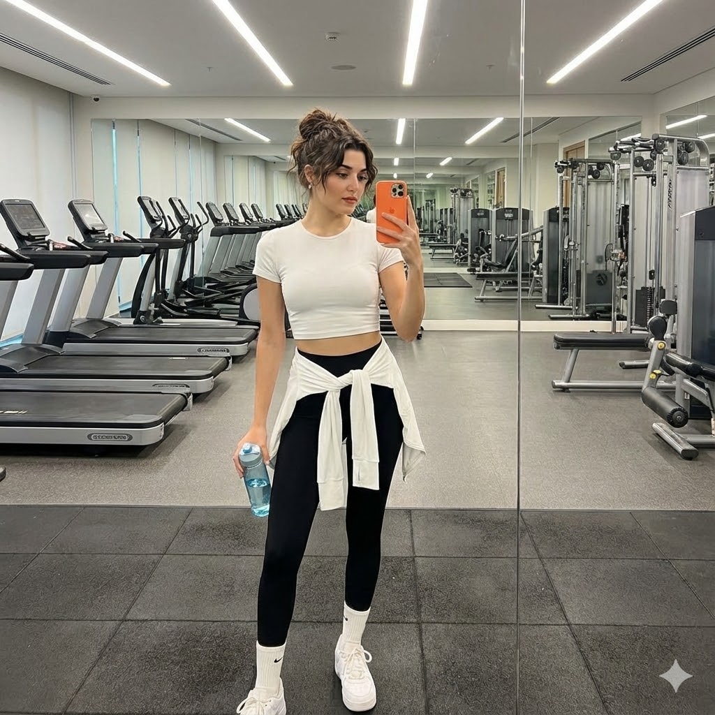 Modern Gym Full-Body Mirror Selfie of a Young Woman