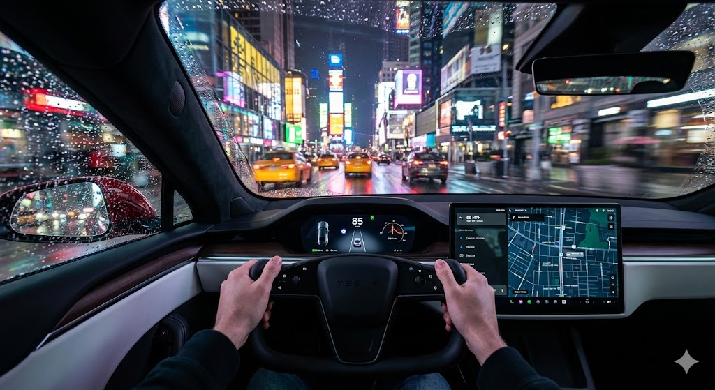 Tesla Speed Run Through Rain-soaked Manhattan