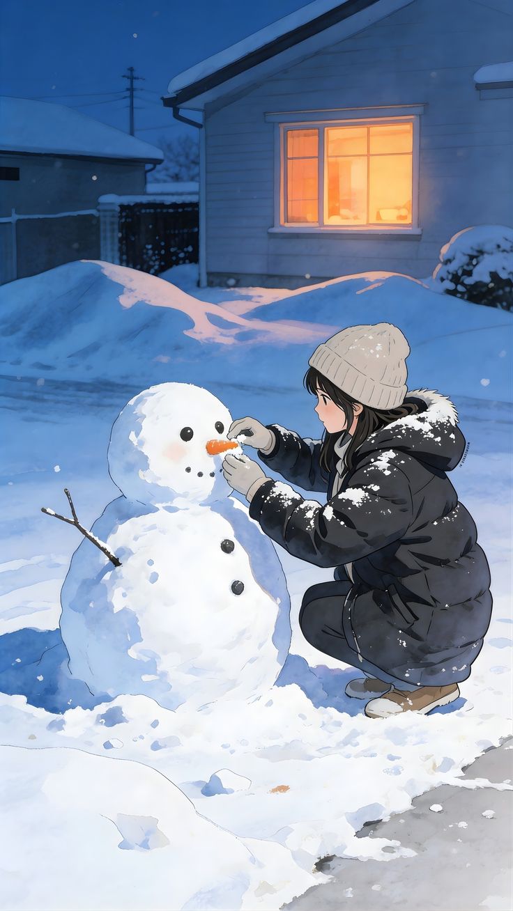 Young Woman Building a Snowman in the Snow