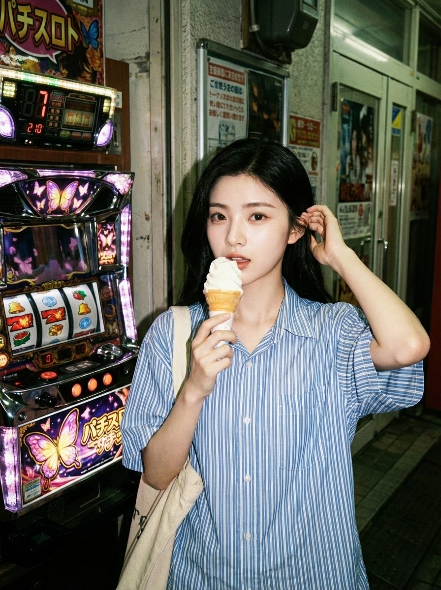 Street Photography: Young Woman with Vintage Arcade Machine