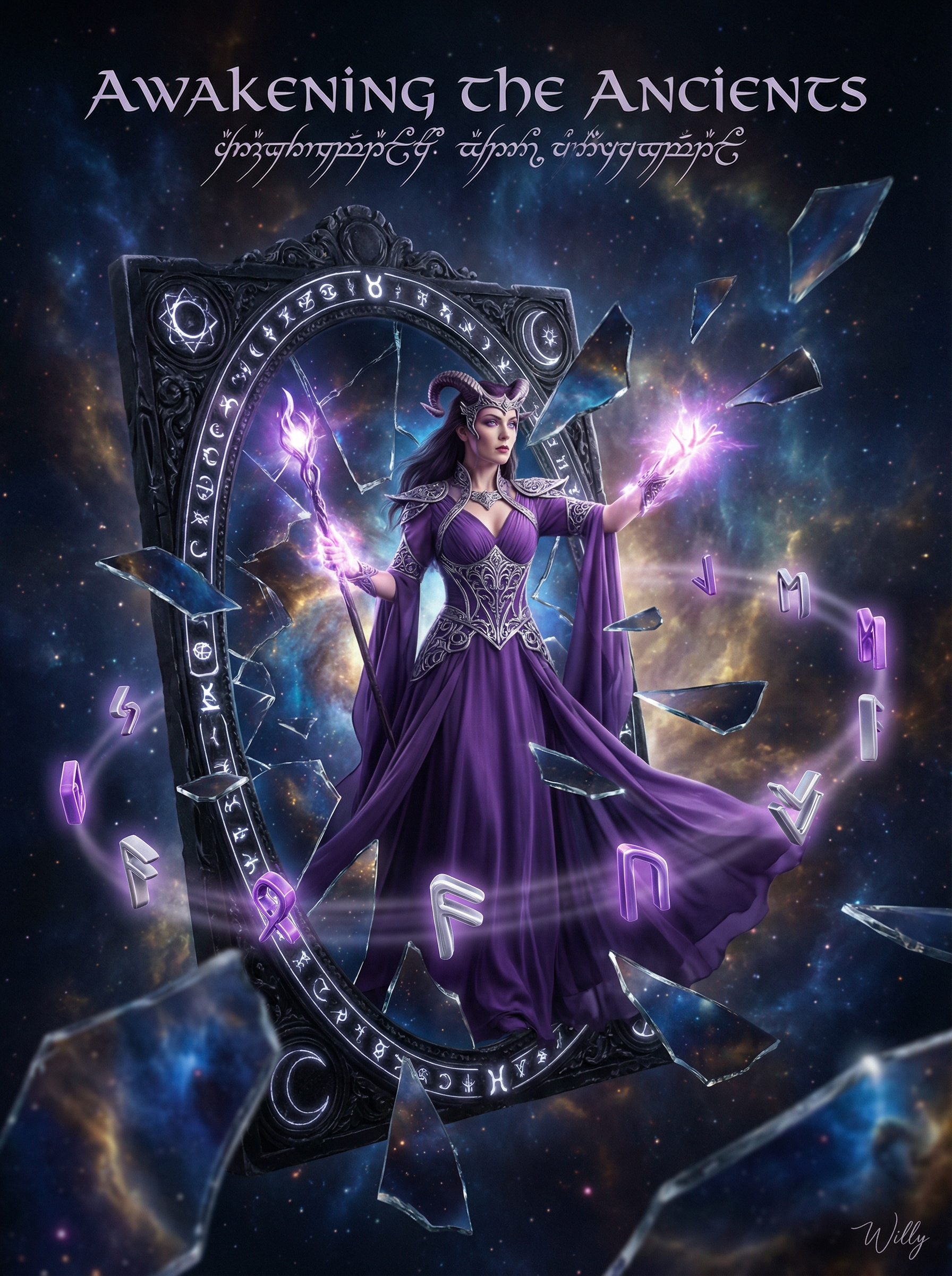 Emerging Sorceress from a Cracked Obsidian Mirror