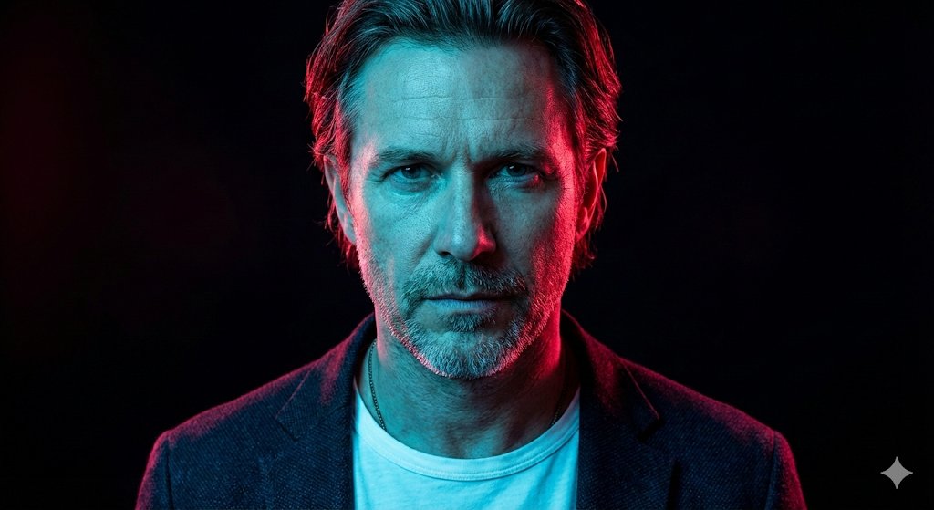 Cinematic Studio Portrait of a Middle-Aged Man on a Gem Background