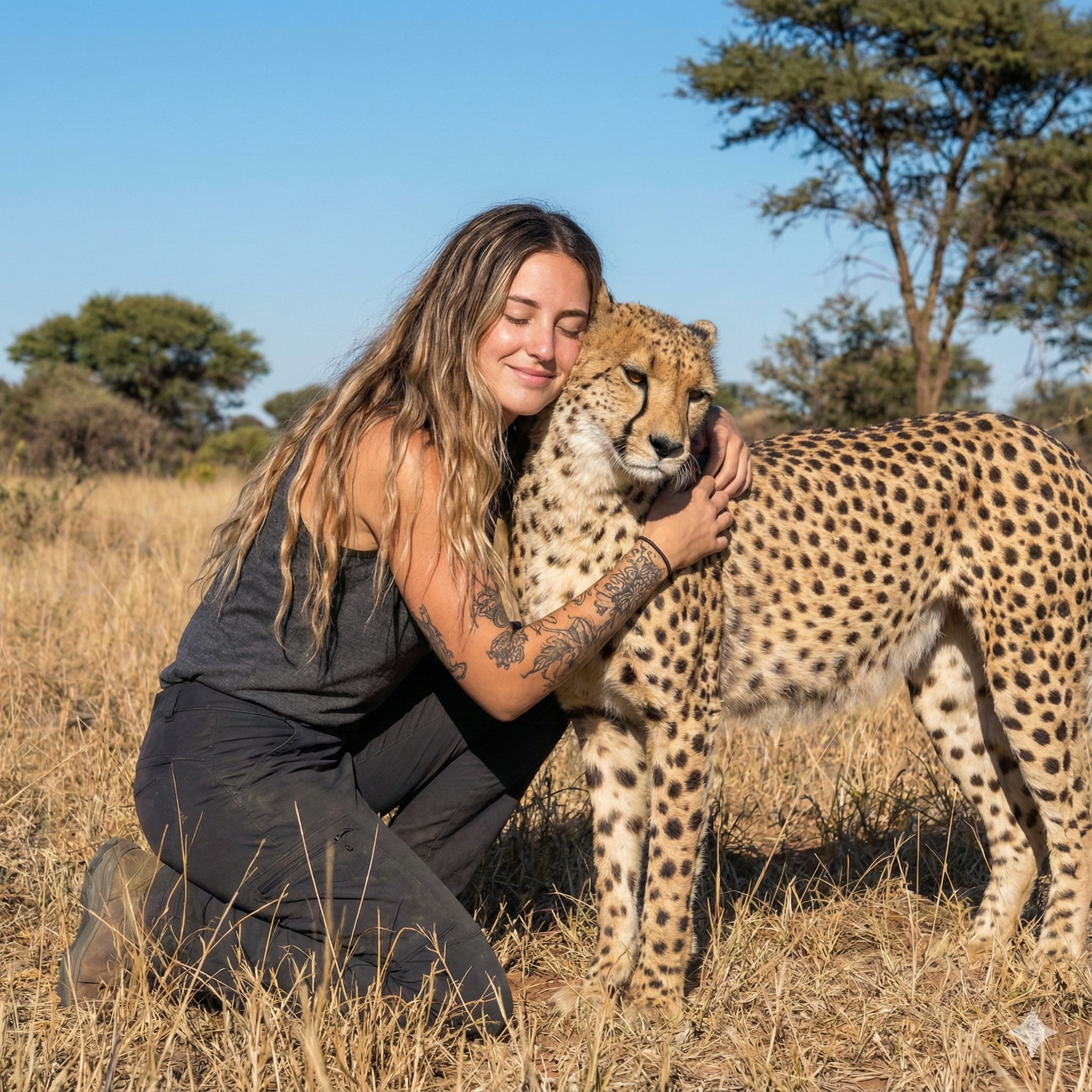 Young Woman Hugging a Cheetah in the African Savannah