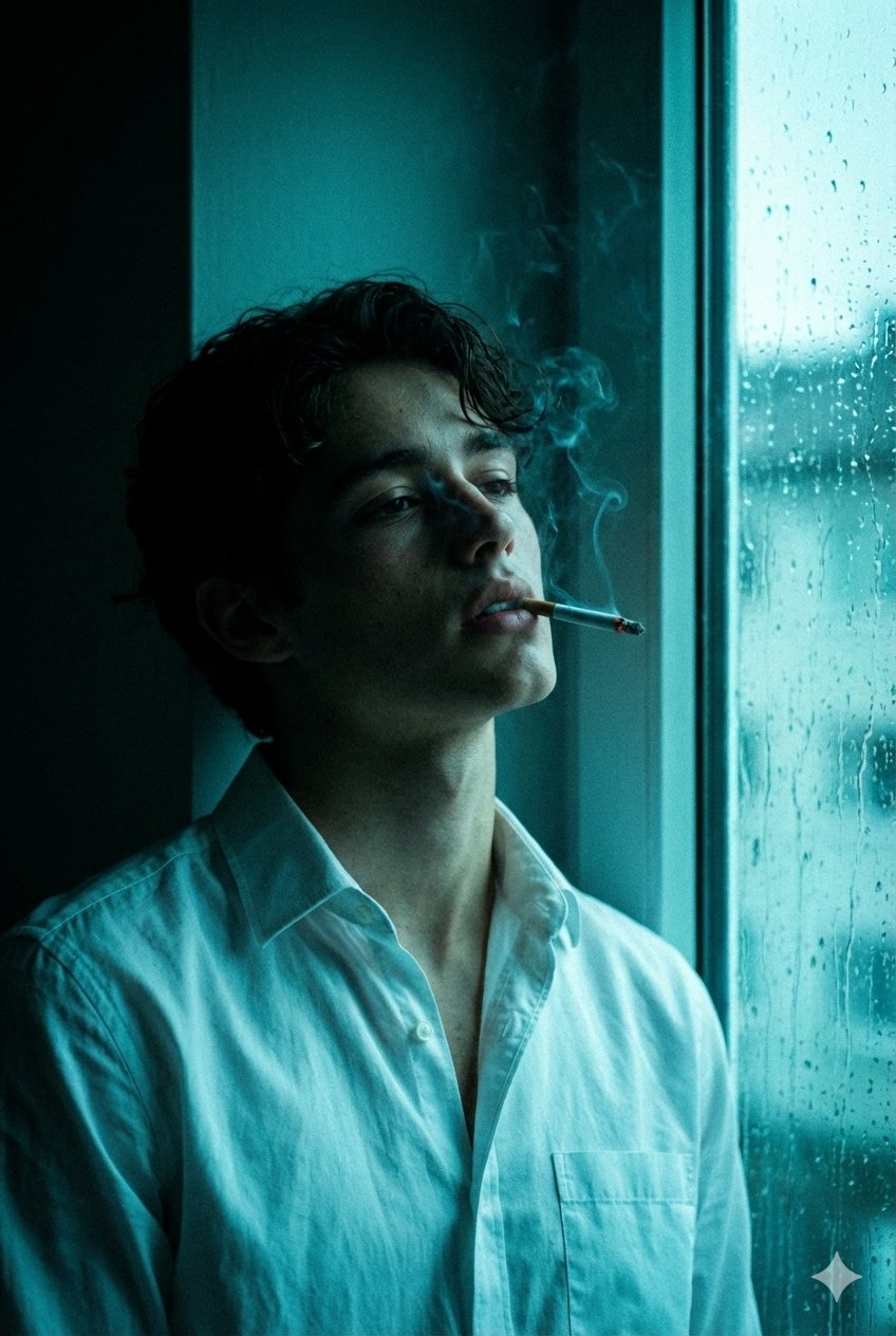 Melancholic Young Man by the Window in a Dark Room